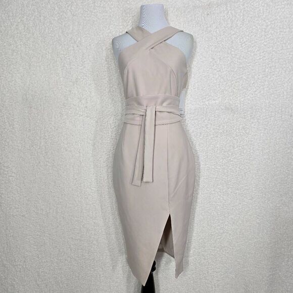 Lavish Alice Beige Sand Brielle Obi Belted Halter neck Midi Dress Size 4